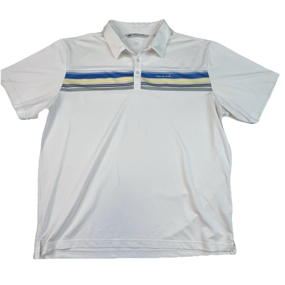 Travis Mathew Bayou Polo White With Blue Yellow Gray Picnic Stripe Men's XXL